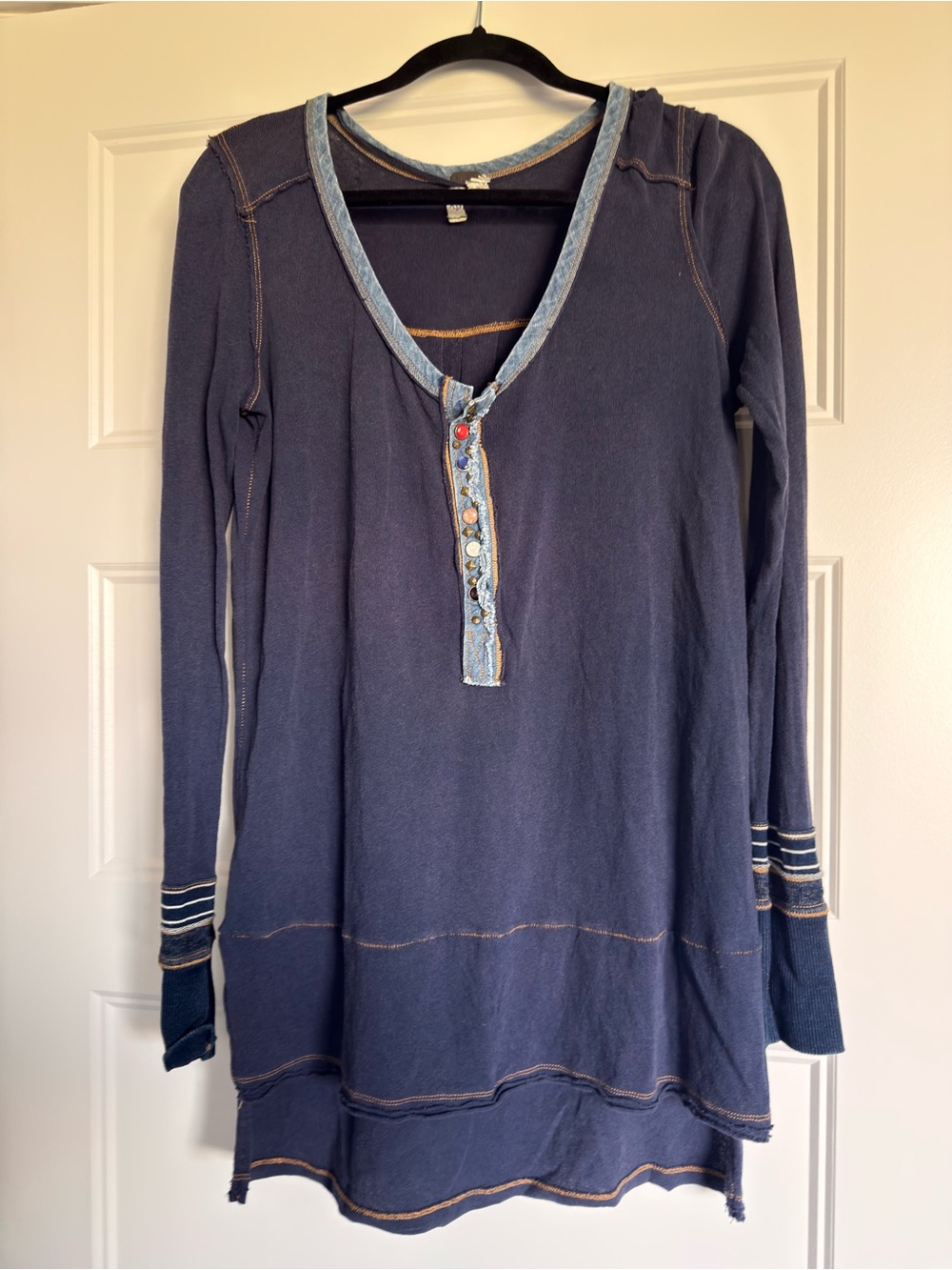 We The Free navy blue tunic with denim-look trim